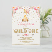 Giraffen-WILDES Einladungs-rosa GoldblumenParty Einladung (Stehend Vorderseite)