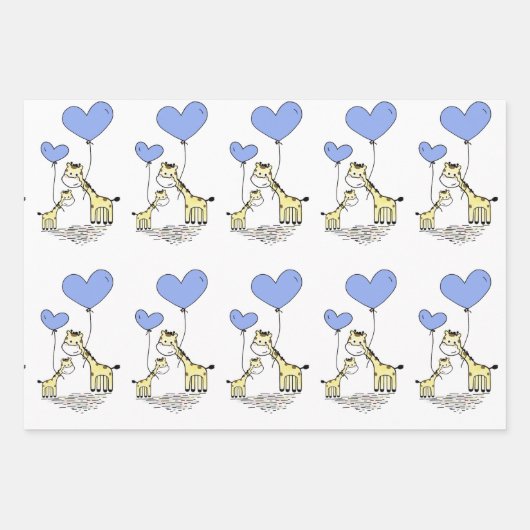 Giraffenfamilie mit blauen Herzballoons Geschenkpapier Set (Vorderseite)