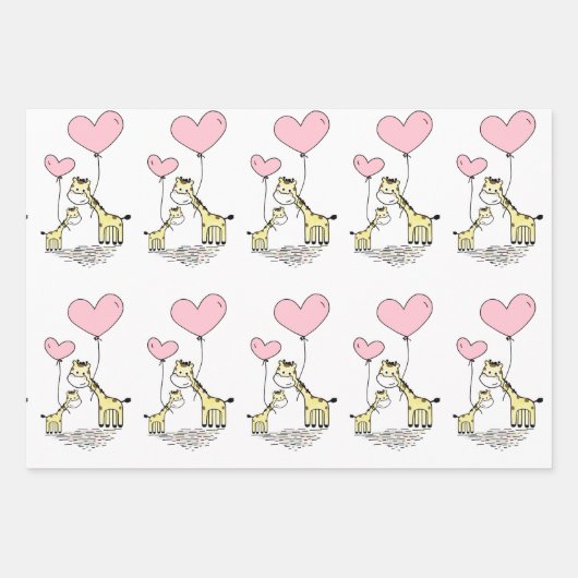 Giraffenfamilie mit rosa Herzballoons Geschenkpapier Set (Vorderseite)