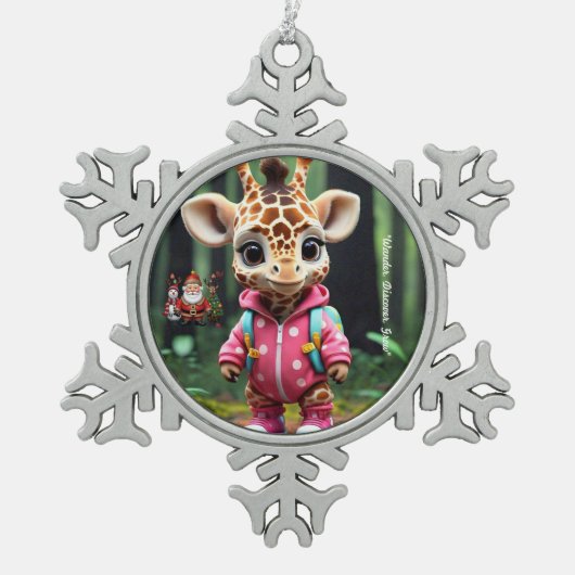 "Giraffe's Forest Adventure" Schneeflocken Zinn-Ornament (Vorderseite)