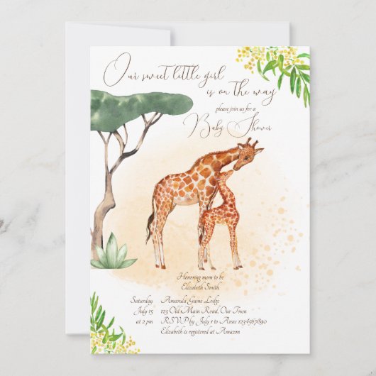 Giraffi-Mutter-Baby-Safari-Babydusche Einladung (Vorderseite)