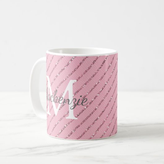 Giralblush Pink Glitzer Streifen Monogramm Kaffeetasse (Vorderseite Links)