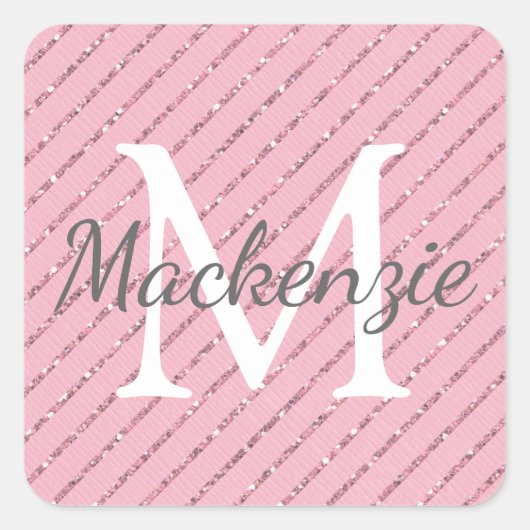 Giralblush Pink Glitzer Streifen Monogramm Quadratischer Aufkleber (Vorderseite)