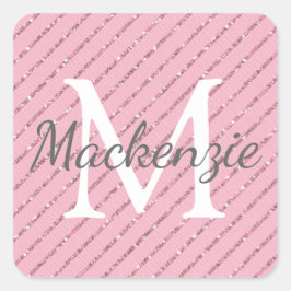 Giralblush Pink Glitzer Streifen Monogramm Quadratischer Aufkleber
