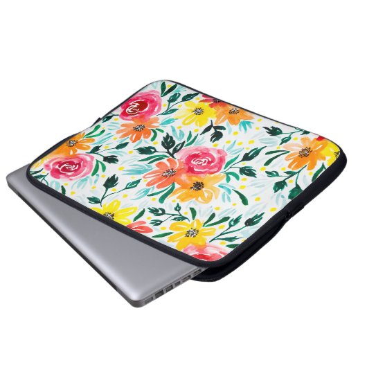 Giralfarbene Wasserfarbe Rosa Gelbe Blumen Laptopschutzhülle (Vorne Knopf)