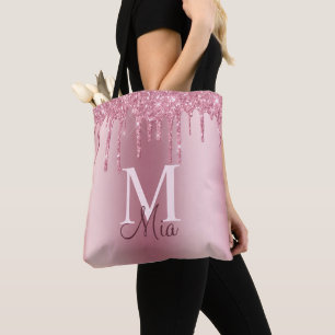 Giralrosa Glitzer Tropfen Monogram Name Tasche