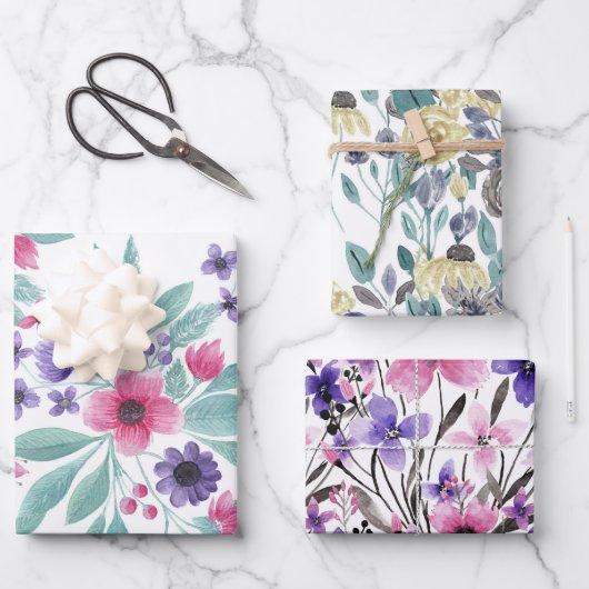 Giralrosa Lila Aquamarines Wasserfarbenmuster Geschenkpapier Set (Vorderseite)