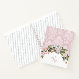 Giralrosa Rosen, Vintag Damask und Monogramm Notizblock
