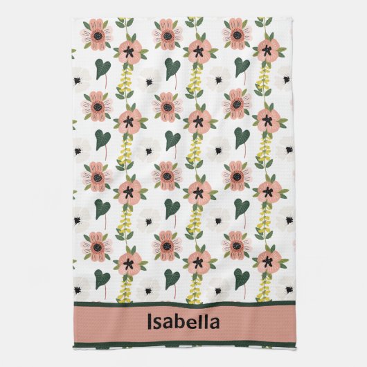 Giralrosa Weiße Blume Botanischer Mustername Geschirrtuch (Vertikal)