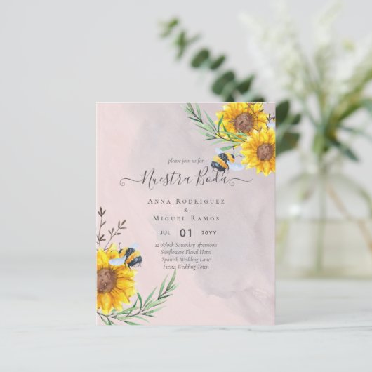 Girasoles de Invitación de Boda Económica Bilingüe (Stehend Vorderseite)