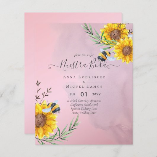 Girasoles de Invitación de Boda Económica Bilingüe (Vorne/Hinten)