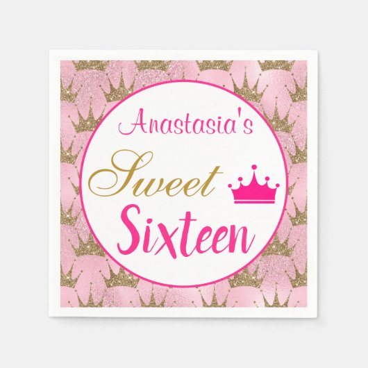 Gircess Hot Pink Gold Glitzer 16 . Geburtstag Serviette (Vorderseite)