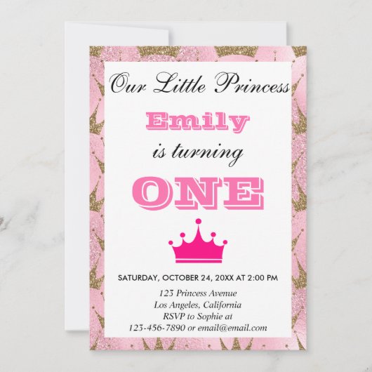 Gircess Pink & Gold Glitzer Erstgeburt Einladung (Vorderseite)