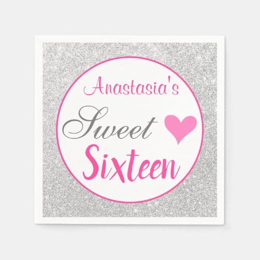 Gircess Pink & Silver Glitzer 16 . Geburtstag Serviette (Vorderseite)