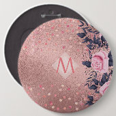 Giresters Ever ROSEGOLD Blue Pink Floral MONOGRAM Button (Vorne & Hinten)