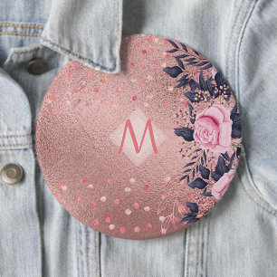Giresters Ever ROSEGOLD Blue Pink Floral MONOGRAM Button