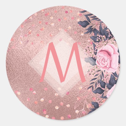 Giresters Ever ROSEGOLD Blue Pink Floral MONOGRAM Runder Aufkleber (Vorderseite)