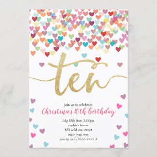 Girl 10. Geburtstagsherz Confetti Rainbow Glitzer Einladung