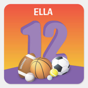 Girl 12. Geburtstag Sportbälle Quadratischer Aufkleber