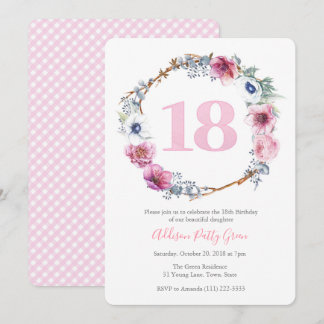 Girl 18. Geburtstagsparty | Kranz der rosa Blume Einladung