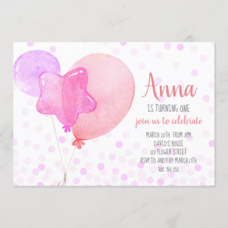 Girl 1. Geburtstag Ballons Confetti Pink Party Einladung