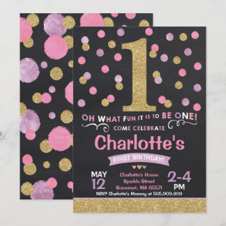 Girl 1. Geburtstag Einladung Pink & Gold Confetti