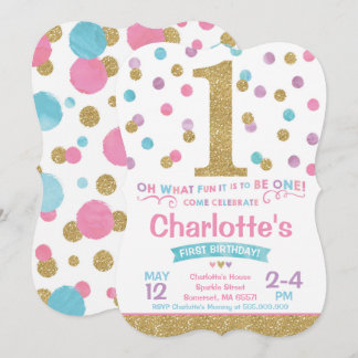 Girl 1. Geburtstag Einladung Pink & Gold Confetti