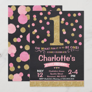 Girl 1. Geburtstag Einladung Pink & Gold Confetti