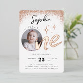Girl 1. Geburtstag Rose Gold Foto Folieneinladung (Stehend vorne)
