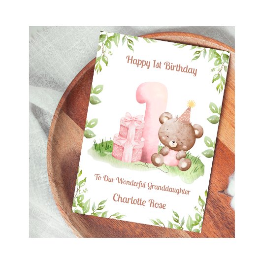 Girl 1st Birthday Greenery Teddy Bear Card Karte