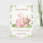 Girl 1st Birthday Greenery Teddy Bear Card Karte (Vorderseite)
