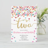 Girl 2. Geburtstag Hearts Confetti Rainbow Glitzer Einladung (Stehend Vorderseite)