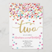 Girl 2. Geburtstag Hearts Confetti Rainbow Glitzer Einladung (Vorne/Hinten)