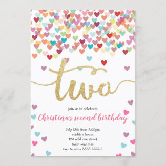 Girl 2. Geburtstag Hearts Confetti Rainbow Glitzer Einladung