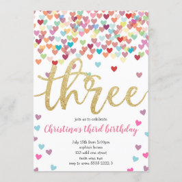 Girl 3. Geburtstagsherz Confetti Rainbow Glitzer Einladung