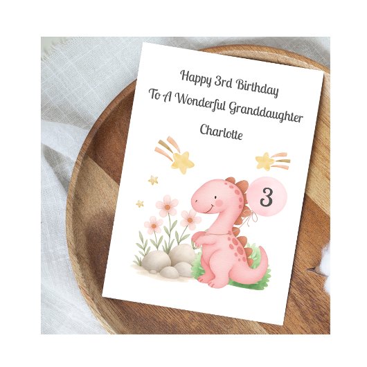 Girl 3rd Birthday Pink Orange Dinosaur Card Karte