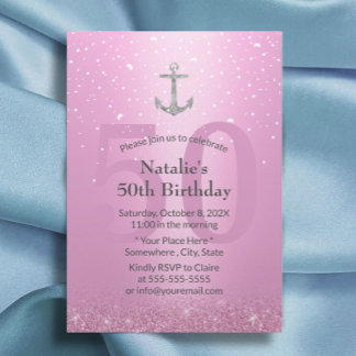 Girl 50. Geburtstagsparty Pink & Silver Anker Einladung