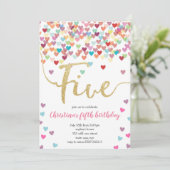 Girl 5. Geburtstag Hearts Confetti Rainbow Glitzer Einladung (Stehend Vorderseite)