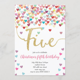 Girl 5. Geburtstag Hearts Confetti Rainbow Glitzer Einladung