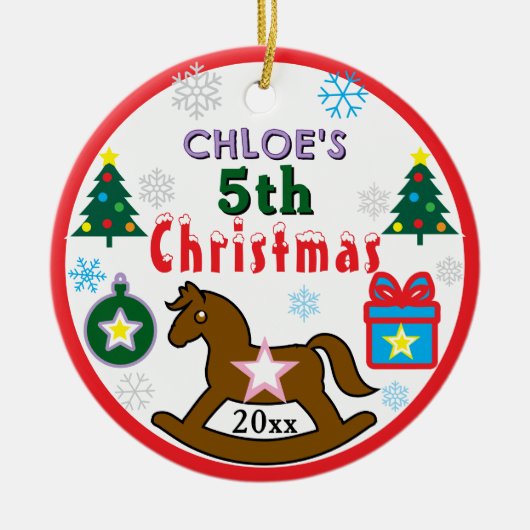 Girl 5th Christmas Horse Tree PHOTO Keramik Ornament (Vorne)