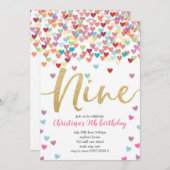 Girl 9. Geburtstag Herzstück Confetti Regenbogen G Einladung (Vorne/Hinten)