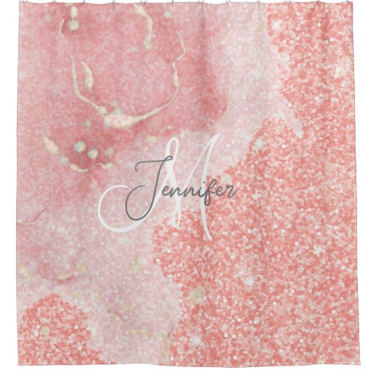 Girl Agate Pink Glitzer Blush Monogram Duschvorhang (Vorderseite)