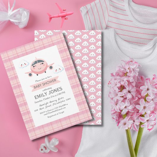 Girl Airplane Clouds Cute Baby Shower Pink Grey Einladung
