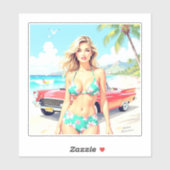 Girl am Strand mit einem klassischen Auto Aufkleber (Blatt)