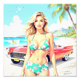 Girl am Strand mit einem klassischen Auto Fotodruck