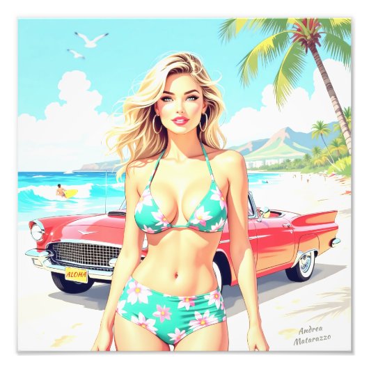 Girl am Strand mit einem klassischen Auto Fotodruck (Vorne)