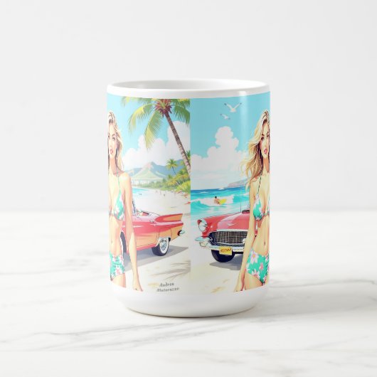 Girl am Strand mit einem klassischen Auto Kaffeetasse (Mittel)