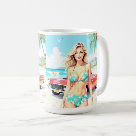 Girl am Strand mit einem klassischen Auto Kaffeetasse (VorderseiteRechts)