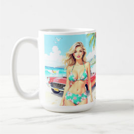 Girl am Strand mit einem klassischen Auto Kaffeetasse