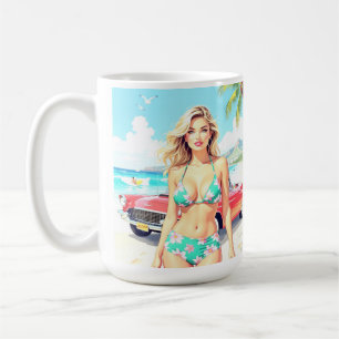 Girl am Strand mit einem klassischen Auto Kaffeetasse